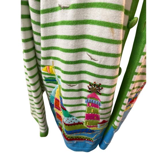 Quacker Factory women's striped cardigan with an embroidered lighthouse - Picture 2 of 8